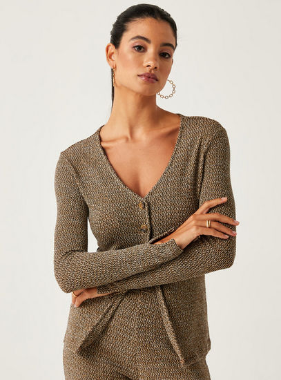 Textured Long Sleeves Top with V-neck and Button Closure