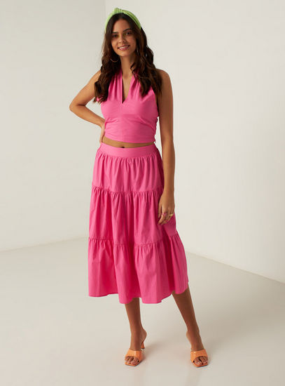Solid Halter Neck Sleeveless Top with Tie-Up Detail