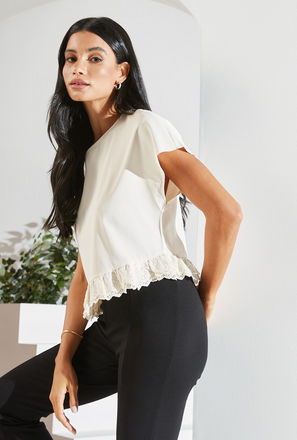 Solid Round Neck Top with Short Sleeves and Lace Detail