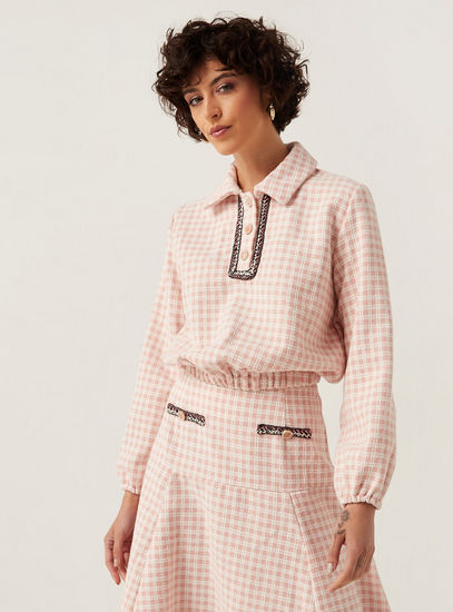 Checked Long Sleeves Top with Lace Detail Collar and Button Closure