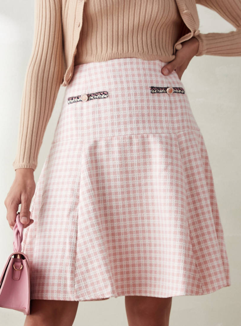Checked Skater Skirt with Button Accent-Mini-image-0