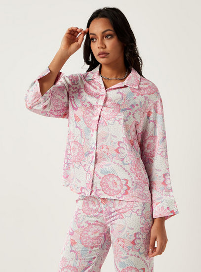 All Over Floral Print Shirt with Notch Collar and Long Sleeves