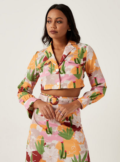 Printed Notch Lapel Crop Top with Long Sleeves and Pockets