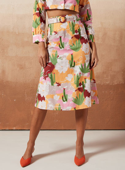Floral Print Midi Skirt with Waist Belt