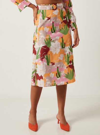 Floral Print Midi Skirt with Waist Belt