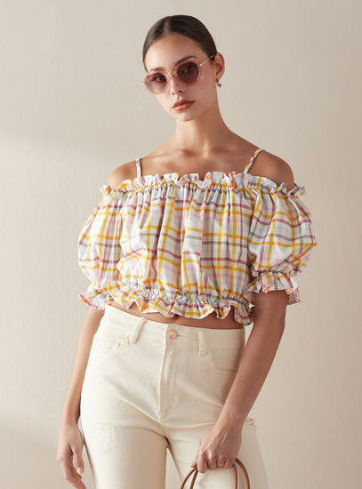 Checked Off Shoulder Top with Short Sleeves-Shirts & Blouses-image-0