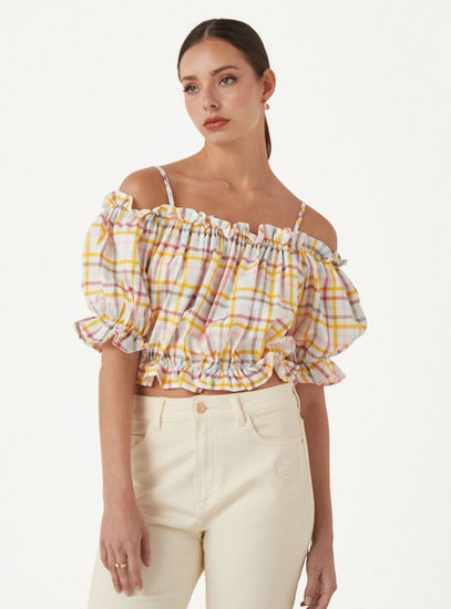 Checked Off Shoulder Top with Short Sleeves