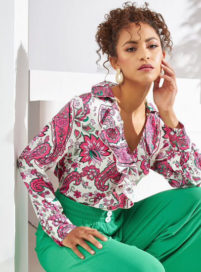 Floral Long Sleeves Top with V-neck and Ruffle Detail-Shirts & Blouses-image-0