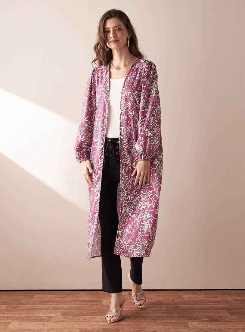 All-Over Print Midi Kimono with Long Puff Sleeves-Kimonos & Shrugs-image-0