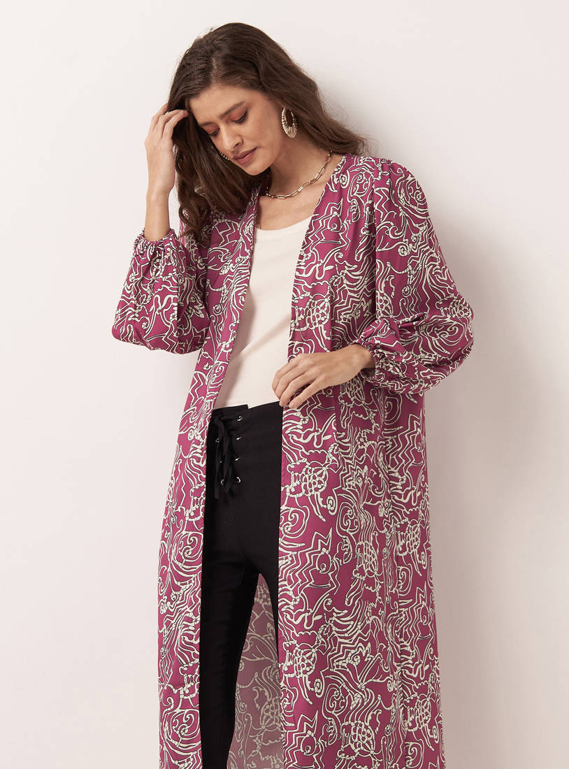 All-Over Print Midi Kimono with Long Puff Sleeves-Kimonos & Shrugs-image-1