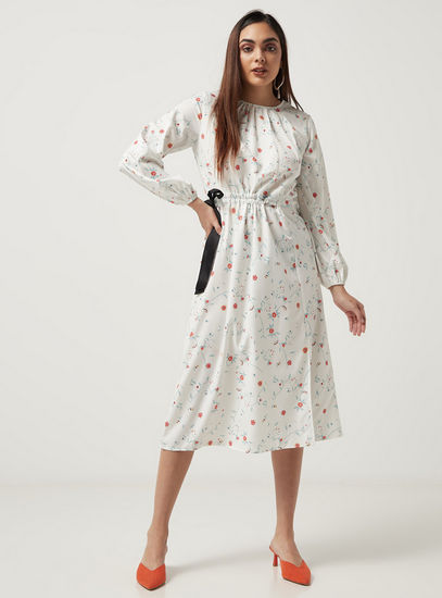 Floral Print Midi Dress with Long Sleeves and Slit Detail