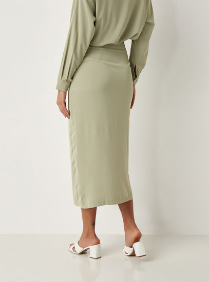 Solid Midi Skirt with Shirring Detail and Slit