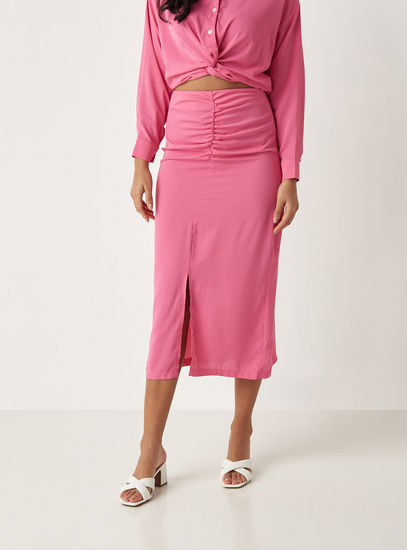 Solid Midi Skirt with Shirring Detail and Slit-Midi-image-1