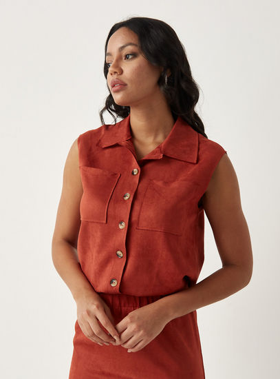 Solid Sleeveless Shirt with Spread Collar and Chest Pockets