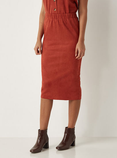 Solid Midi Pencil Skirt with Elasticised Waistband and Slit