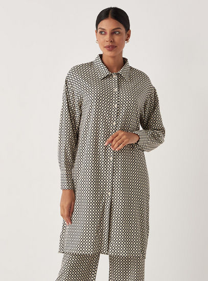 Printed Shirt Tunic with Long Sleeves and Button Closure