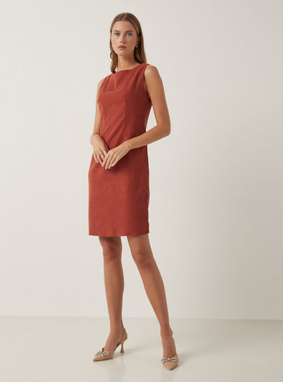Solid Sleeveless Dress with Round Neck and Slit Detail