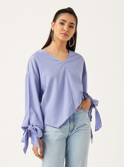 Solid V-neck Top with Long Sleeves and Tie-Up Detail