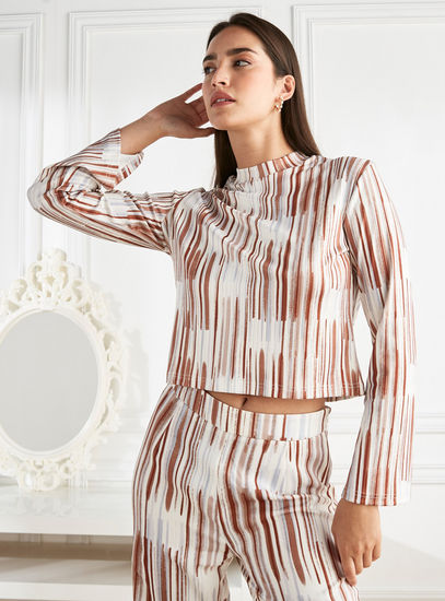 Striped High Neck Top with Long Flared Sleeves