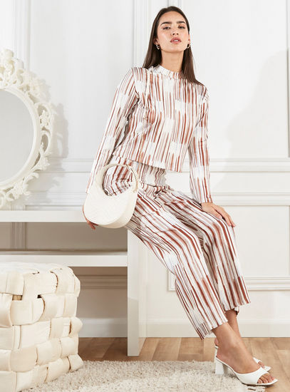 Striped High Neck Top with Long Flared Sleeves