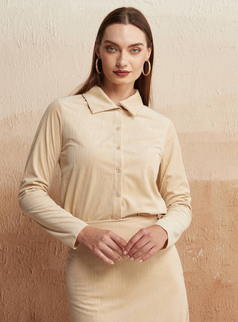 Textured Shirt with Long Sleeves and Button Closure-Shirts-image-0