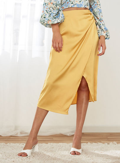 Midi Skirt with Gathers and Slit Detail-Midi-image-0