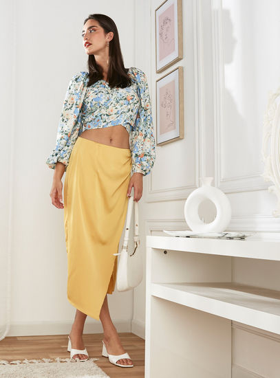 Midi Skirt with Gathers and Slit Detail-Midi-image-1