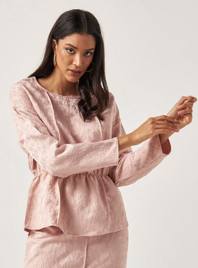 Textured Long Sleeves Peplum Top with Round Neck-Blouses-image-1