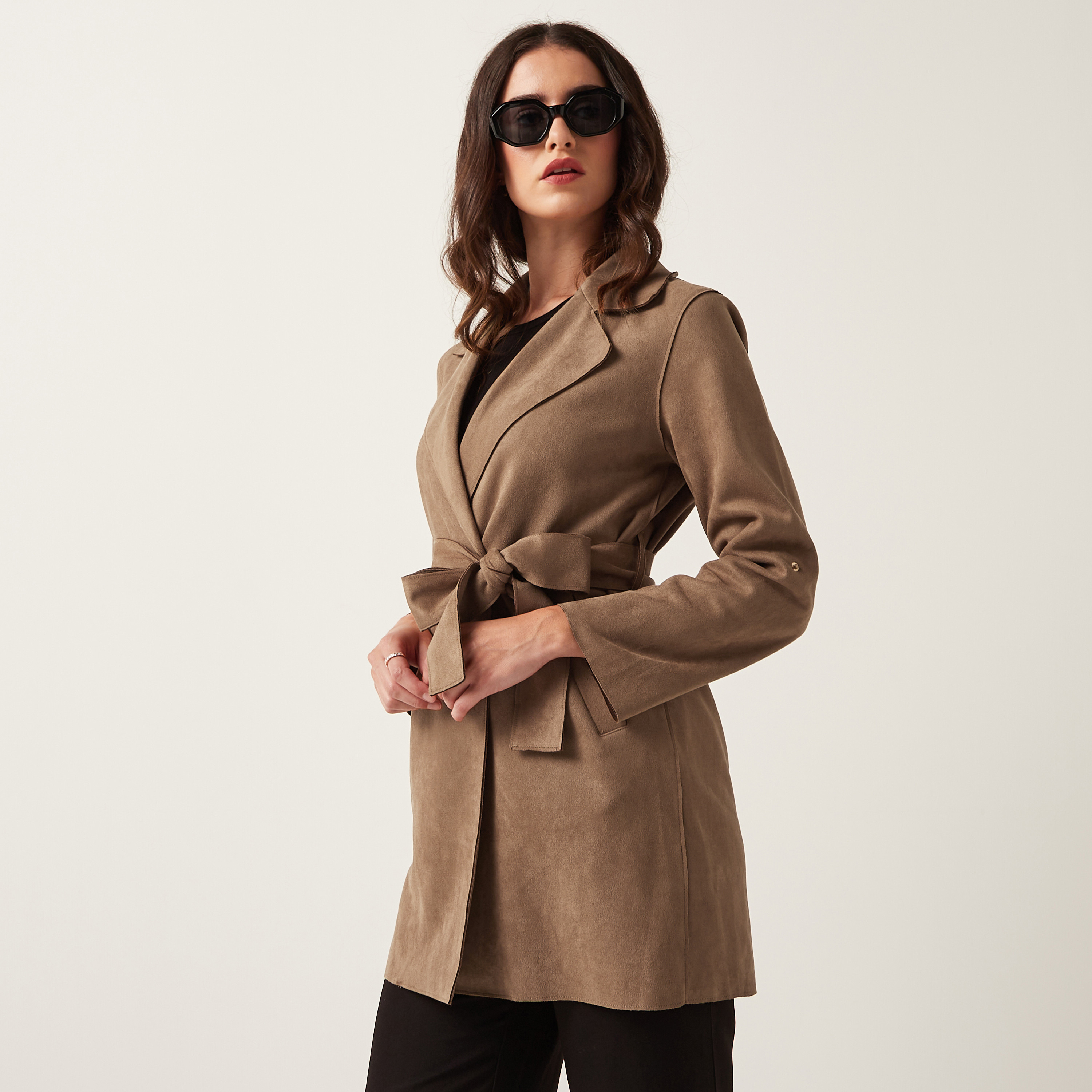 solid tie waist trench coat