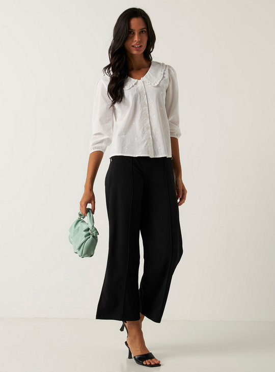 Solid Wide Leg Pants with Metallic Button Accent and Elasticated Waist
