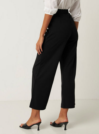 Solid Wide Leg Pants with Metallic Button Accent and Elasticated Waist