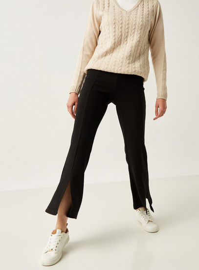 Ribbed Wide Leg Pants with Slit Detail and Elasticated Waistband
