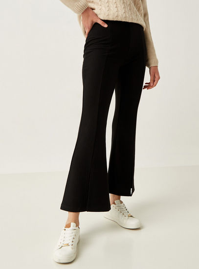 Ribbed Wide Leg Pants with Slit Detail and Elasticated Waistband