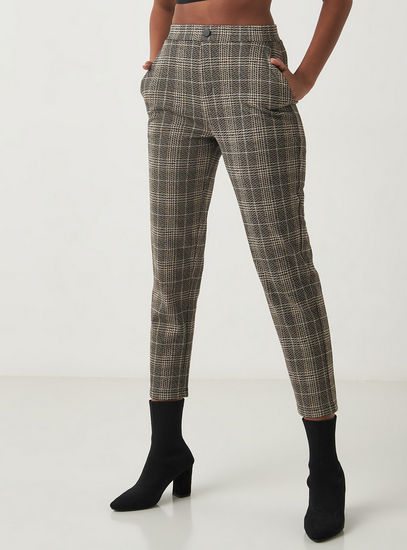 Checked Pants with Elasticated Waistband and Button Accent