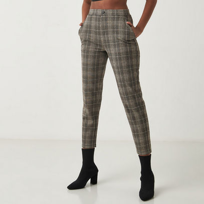 Checked Pants with Elasticated Waistband and Button Accent