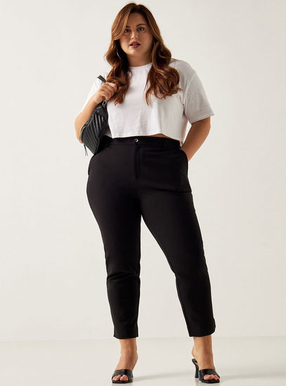 Solid Ponte Slim Fit Pants with Button Closure and Pockets