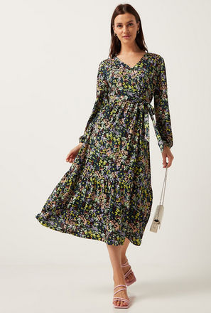 Floral Print V-neck Dress with Long Sleeves and Tie-Up Belt