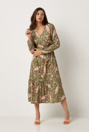 Paisley Print Wrap Dress with Long Sleeves and Tie-Up Belt