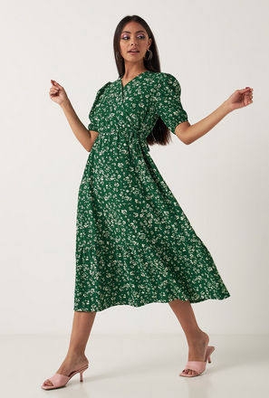Floral Print Wrap Tiered Dress with Short Puff Sleeves and Tie-Up Belt