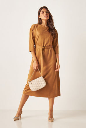 Solid Midi Dress with Long Sleeves