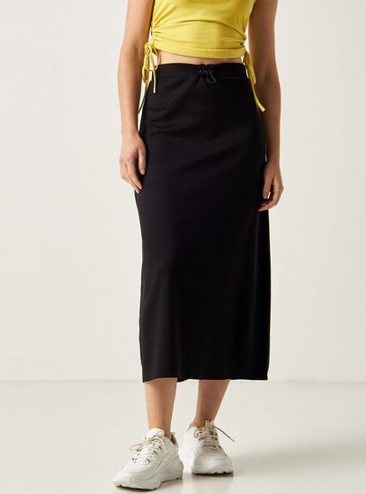 Solid Mid-Rise Midi Skirt with Toggle Closure