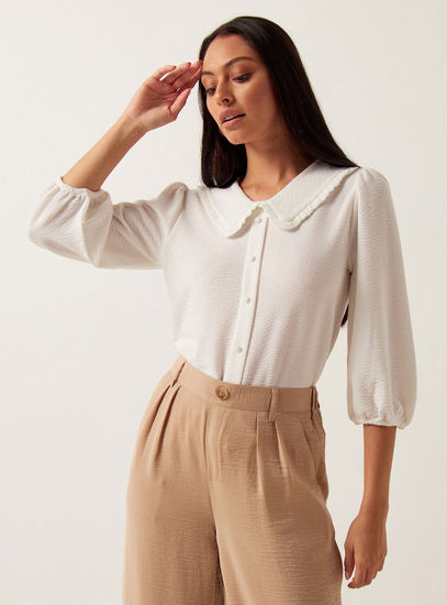Solid Shirt with Peter Pan Collar and 3/4 Sleeves