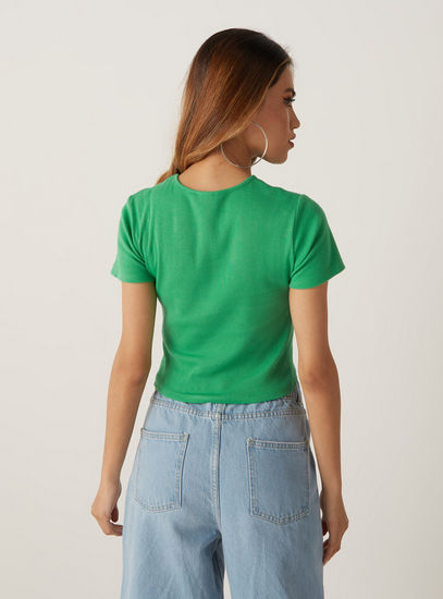Ribbed Round Neck Top with Short Sleeves and Cutout Detail