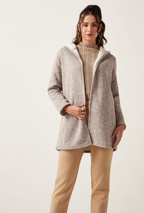 Textured Open Front Cardigan with Hood and Long Sleeves