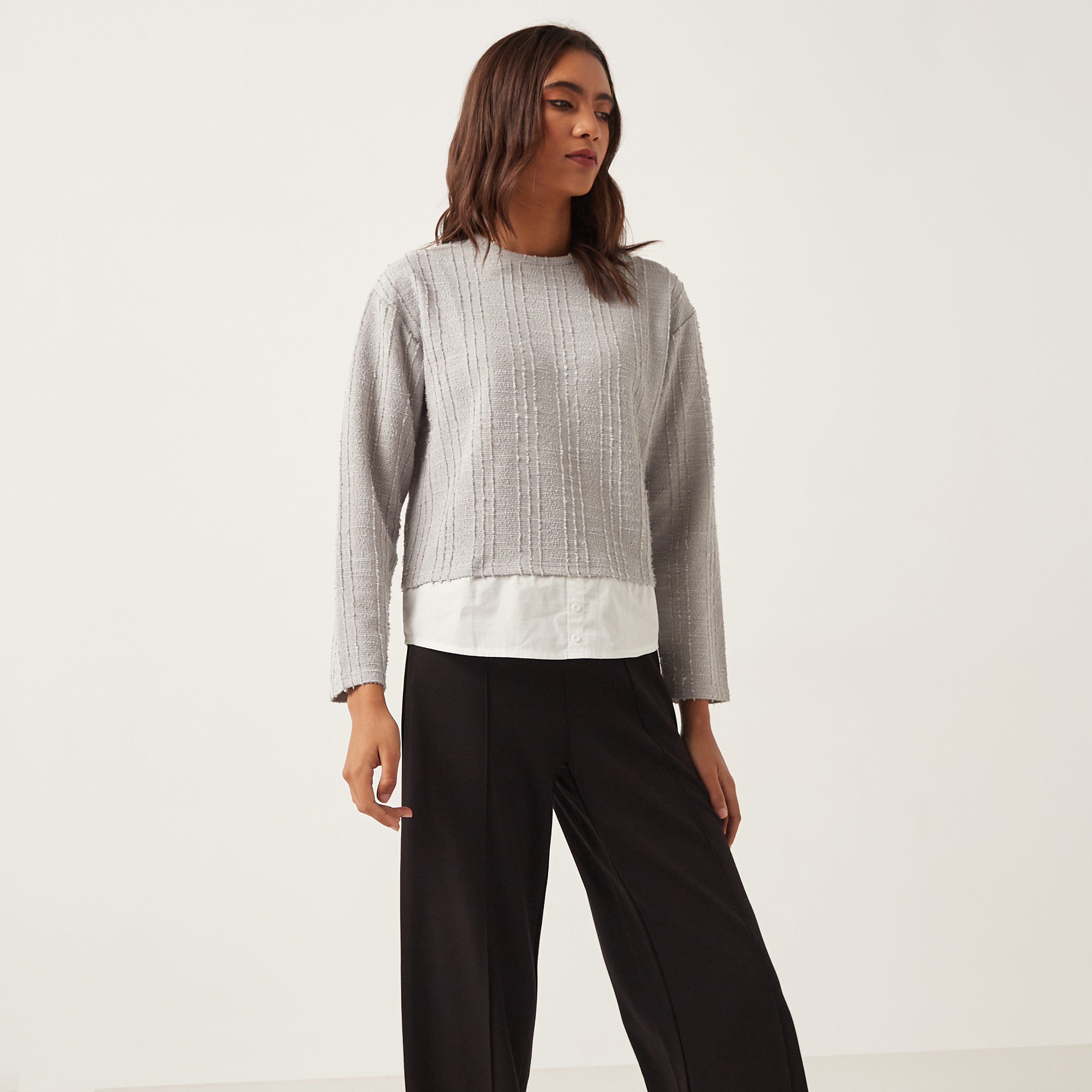 Shop Textured Twofer Sweater with Long Sleeves Online Max Oman