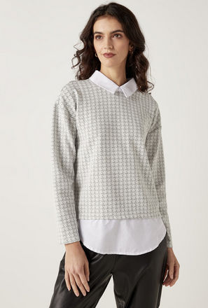 Textured Jacquard Twofer Top with Long Sleeves and Button Closure