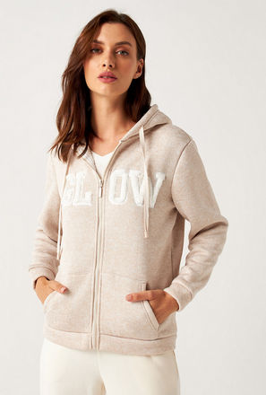 Slogan Embroidered Long Sleeves Sweatshirt with Hood and Zip Closure