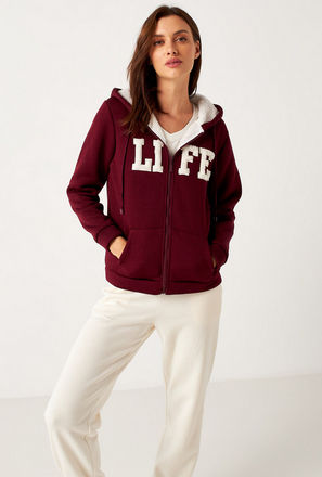 Slogan Embroidered Long Sleeves Sweatshirt with Hood and Zip Closure