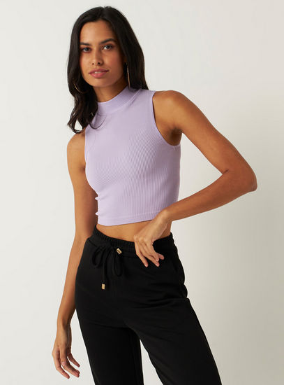 Ribbed Sleeveless Crop Top with High Neck