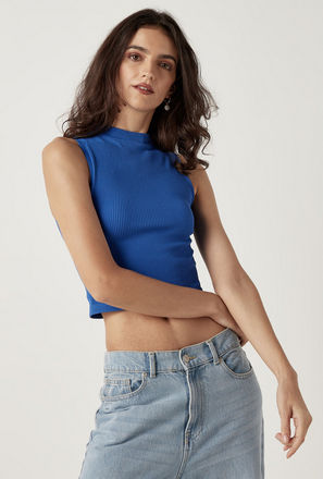 Ribbed Sleeveless Top with High Neck